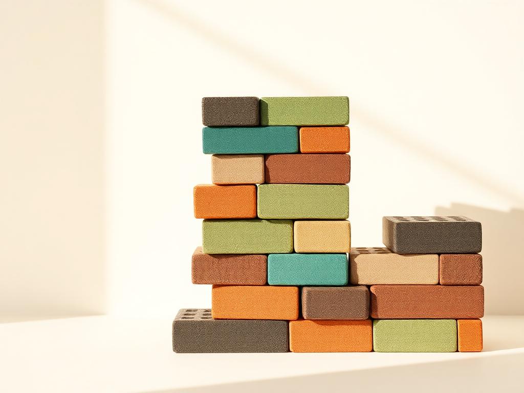 Eco colored plastic bricks stacked in warm natural light